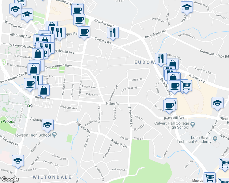 map of restaurants, bars, coffee shops, grocery stores, and more near 116 Greenbrier Road in Towson