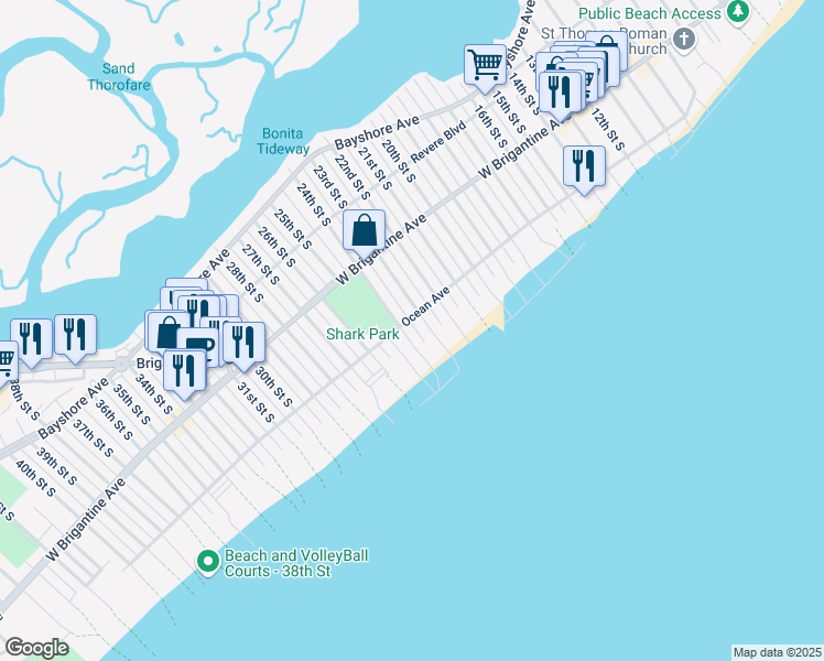 map of restaurants, bars, coffee shops, grocery stores, and more near 403 23rd Street South in Brigantine