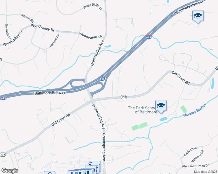 map of restaurants, bars, coffee shops, grocery stores, and more near 2742 Old Court Road in Pikesville