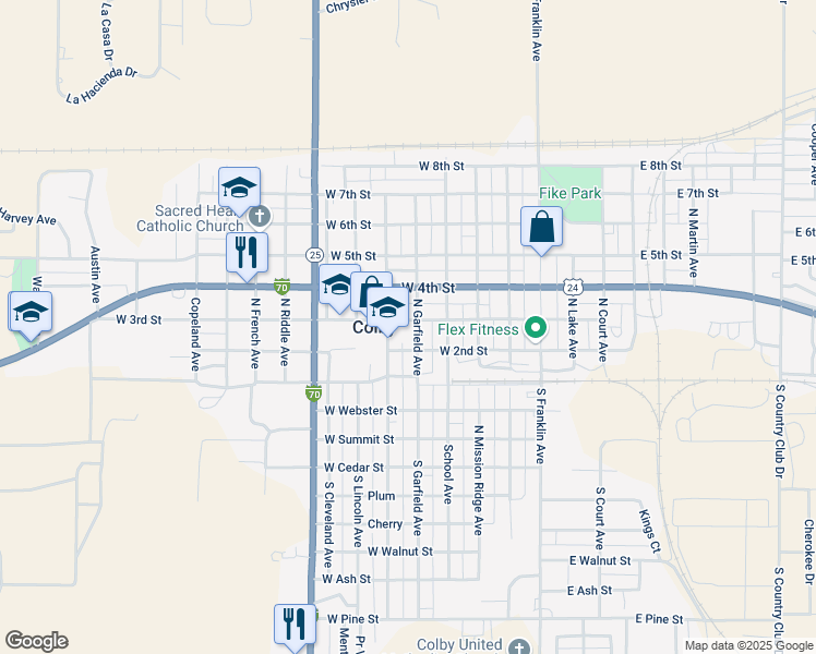 map of restaurants, bars, coffee shops, grocery stores, and more near 285 North Garfield Avenue in Colby