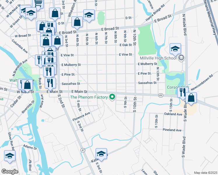 map of restaurants, bars, coffee shops, grocery stores, and more near 14 North 7th Street in Millville