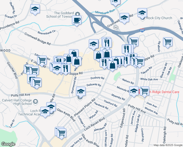 map of restaurants, bars, coffee shops, grocery stores, and more near 1431 East Joppa Road in Baltimore