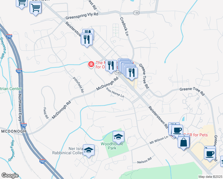 map of restaurants, bars, coffee shops, grocery stores, and more near 9068 Saracen Drive in Pikesville