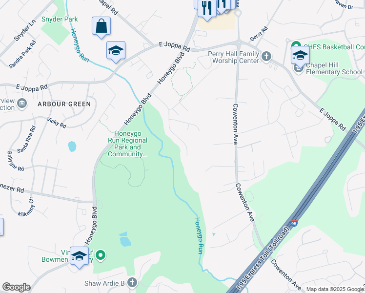 map of restaurants, bars, coffee shops, grocery stores, and more near 9008 Sunni Shade Court in Perry Hall