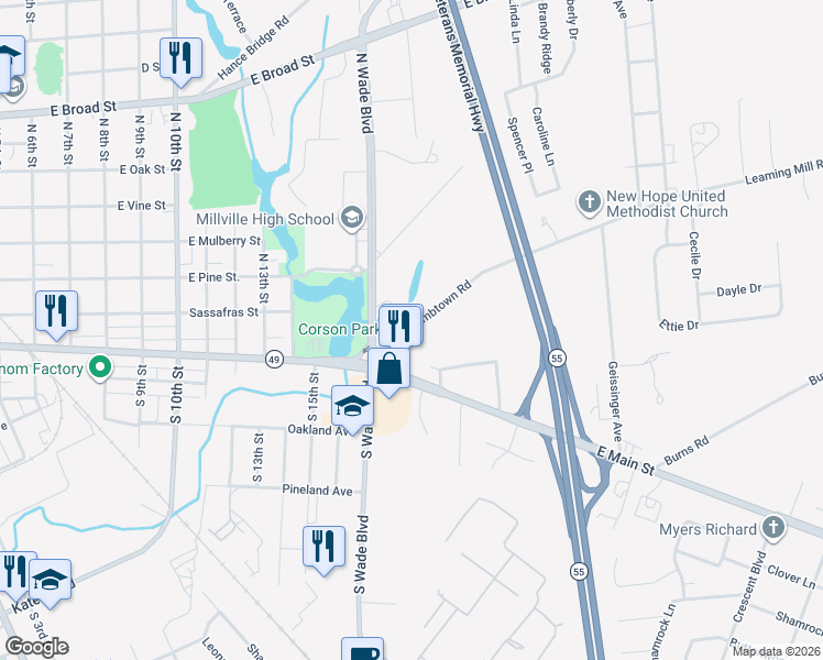 map of restaurants, bars, coffee shops, grocery stores, and more near 1721 Newcombtown Road in Millville