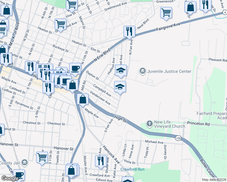 map of restaurants, bars, coffee shops, grocery stores, and more near 1327 Dayton Street in Hamilton