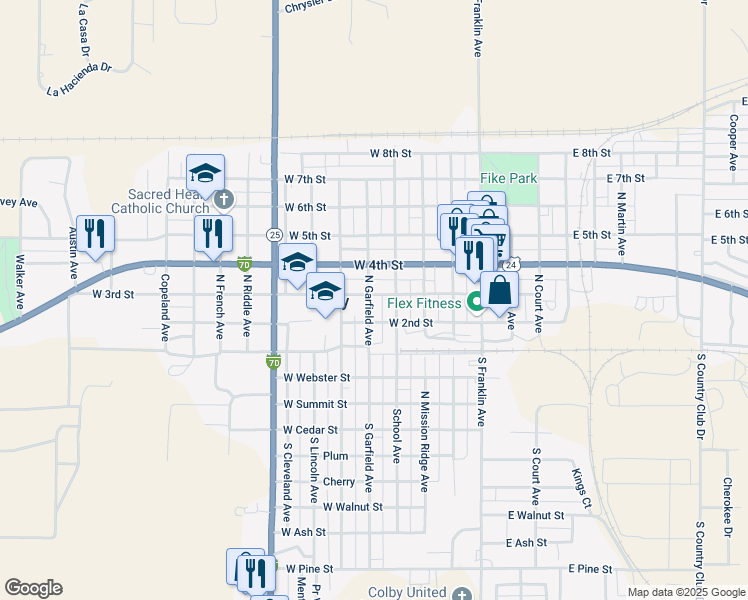 map of restaurants, bars, coffee shops, grocery stores, and more near 285 North Garfield Avenue in Colby