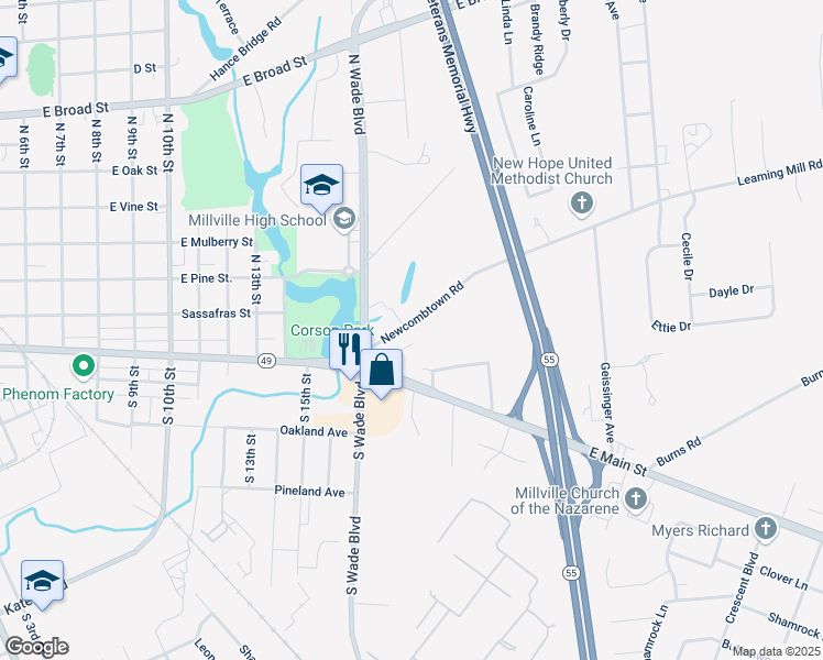 map of restaurants, bars, coffee shops, grocery stores, and more near 1721 Newcombtown Road in Millville