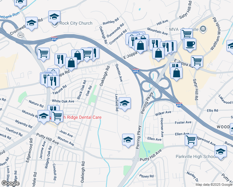 map of restaurants, bars, coffee shops, grocery stores, and more near 1838 Trenleigh Road in Parkville