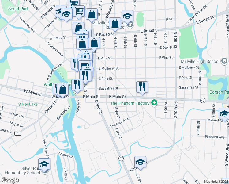 map of restaurants, bars, coffee shops, grocery stores, and more near 16 North 4th Street in Millville
