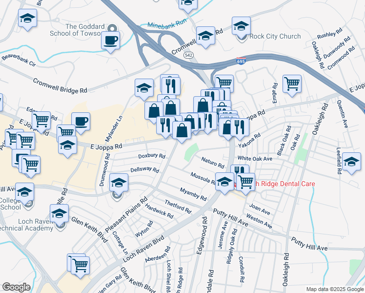 map of restaurants, bars, coffee shops, grocery stores, and more near 8625 Pleasant Plains Road in Towson