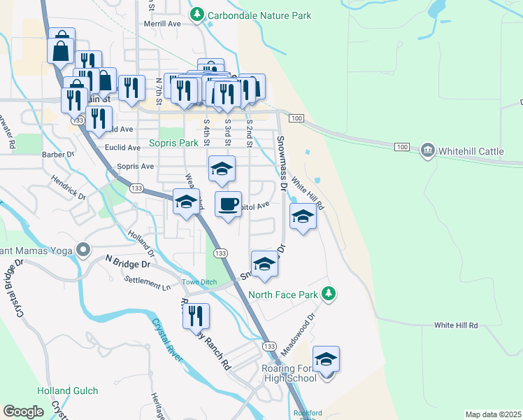 map of restaurants, bars, coffee shops, grocery stores, and more near 168 Capitol Avenue in Carbondale