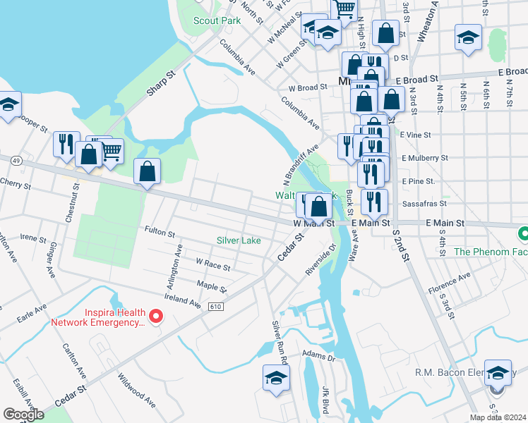 map of restaurants, bars, coffee shops, grocery stores, and more near 220 West Main Street in Millville
