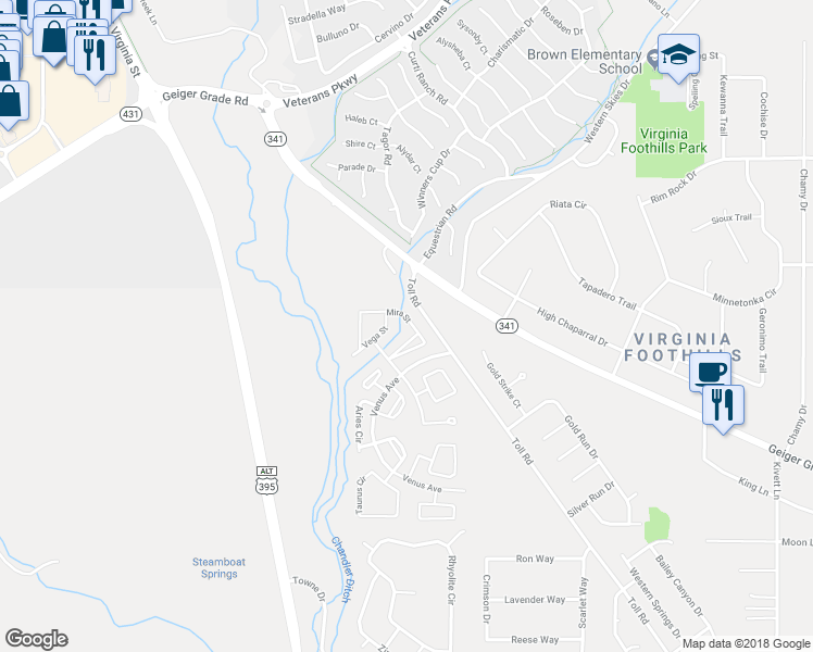 map of restaurants, bars, coffee shops, grocery stores, and more near 405 Mira Street in Reno