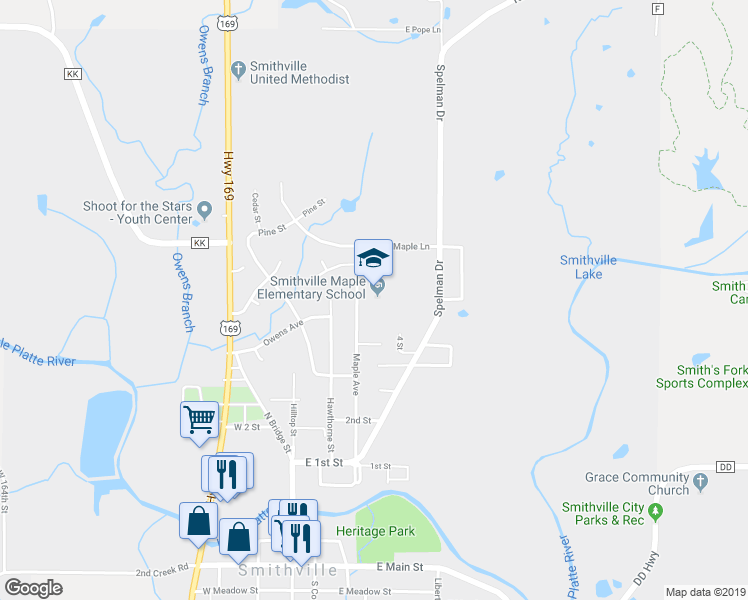 map of restaurants, bars, coffee shops, grocery stores, and more near 600 Maple Avenue in Smithville