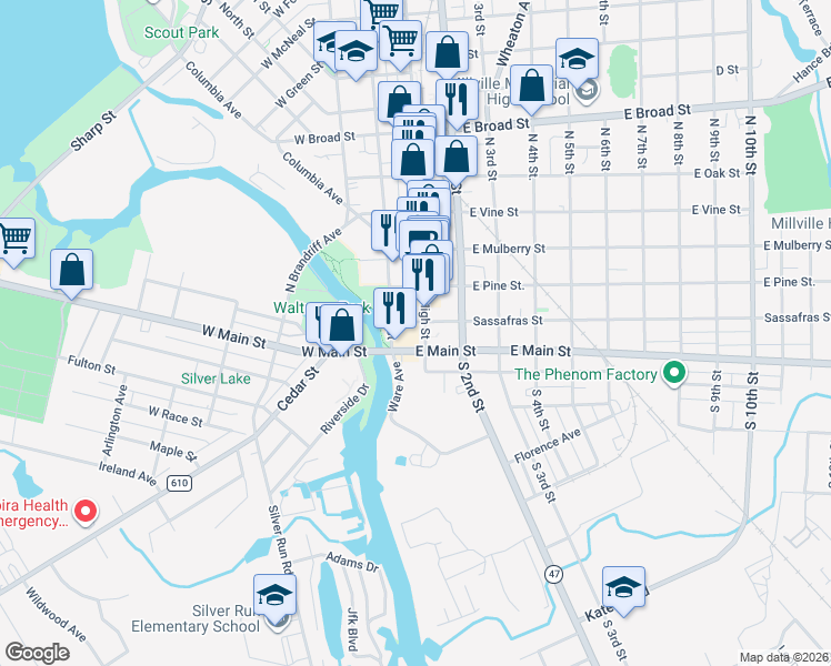 map of restaurants, bars, coffee shops, grocery stores, and more near 22-24 High St in Millville