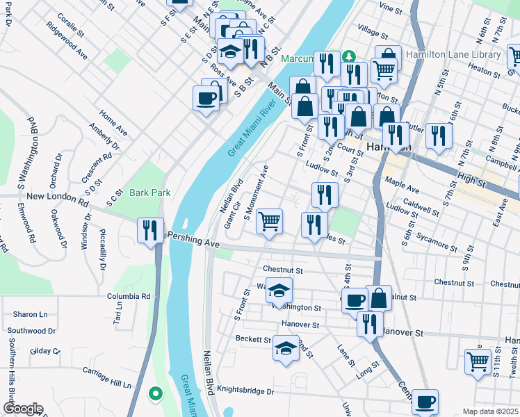 map of restaurants, bars, coffee shops, grocery stores, and more near 510 South Monument Avenue in Hamilton