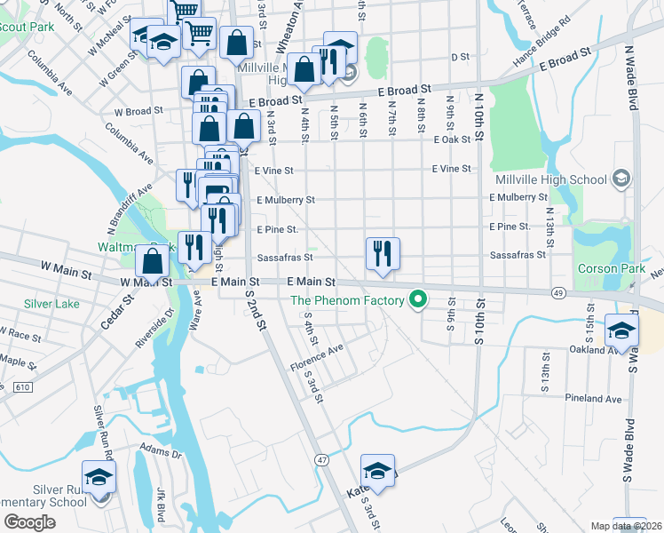 map of restaurants, bars, coffee shops, grocery stores, and more near 16 North 5th Street in Millville