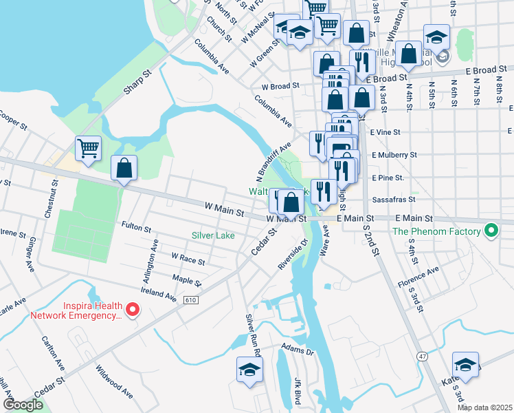 map of restaurants, bars, coffee shops, grocery stores, and more near 15 North Brandriff Avenue in Millville