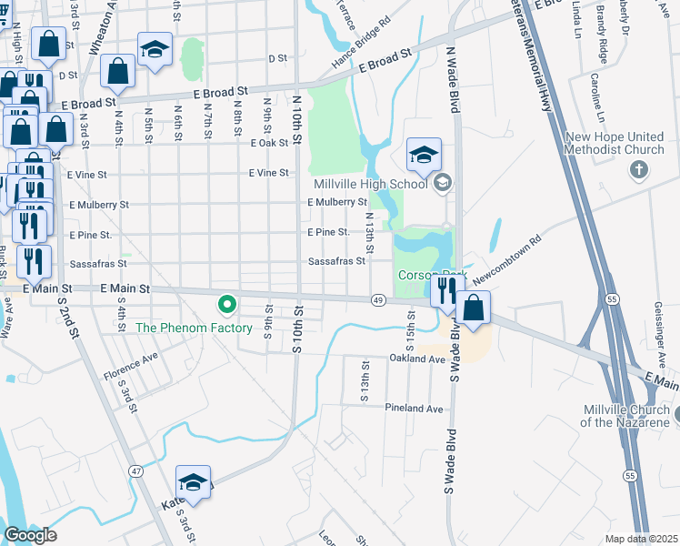 map of restaurants, bars, coffee shops, grocery stores, and more near 10 North 12th Street in Millville