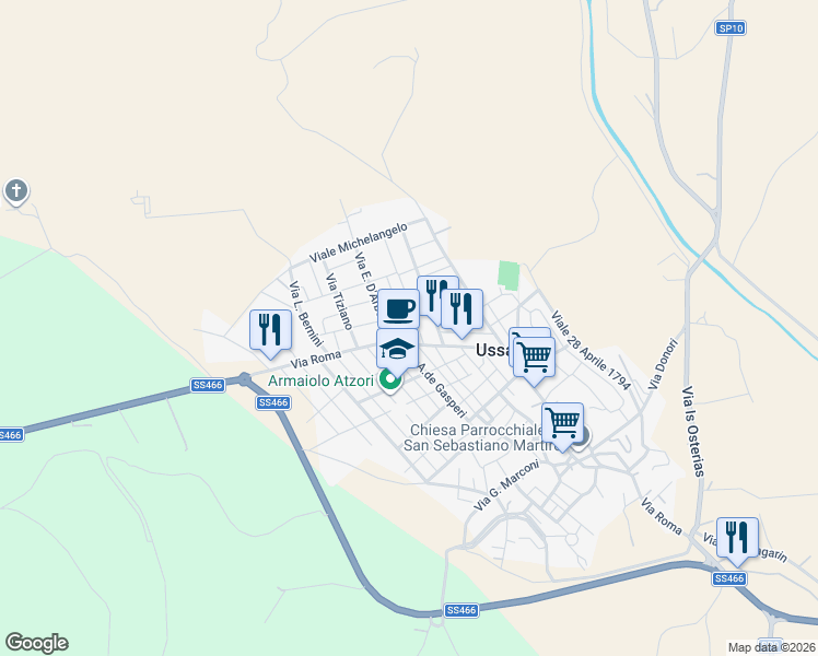 map of restaurants, bars, coffee shops, grocery stores, and more near 8 Via Trento in Ussana
