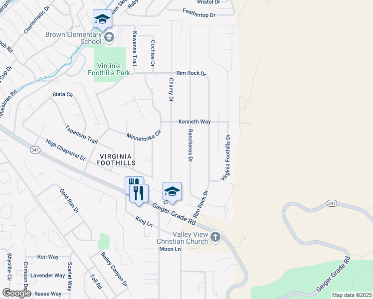 map of restaurants, bars, coffee shops, grocery stores, and more near 14555 Rancheros Drive in Reno
