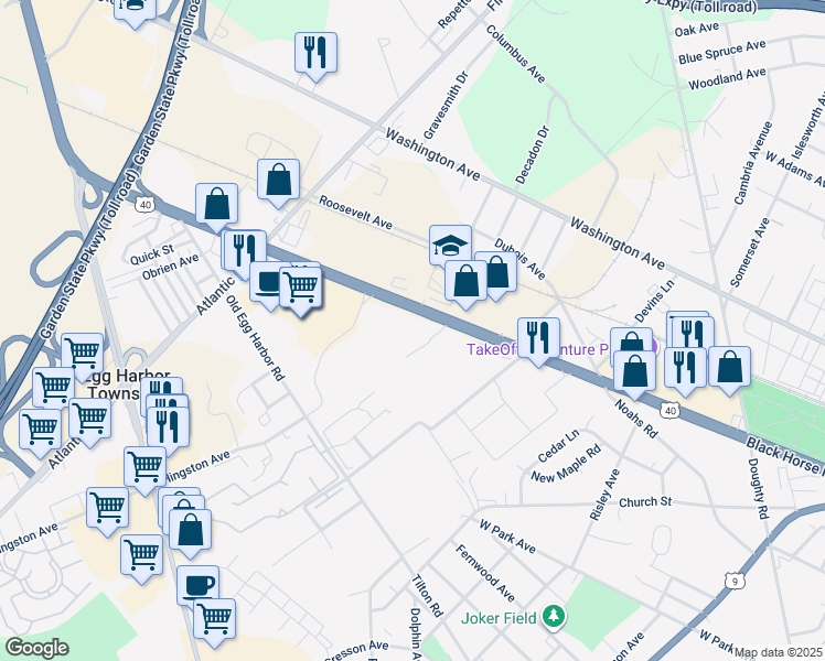 map of restaurants, bars, coffee shops, grocery stores, and more near 6817 Black Horse Pike in Egg Harbor Township