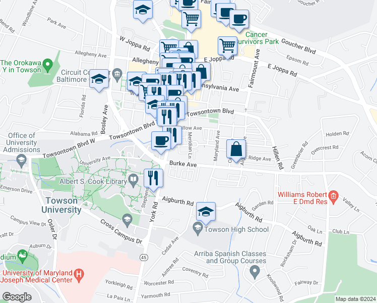 map of restaurants, bars, coffee shops, grocery stores, and more near 31 Meridian Lane in Towson