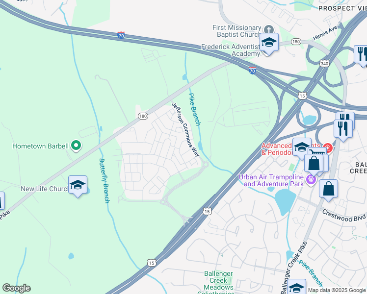 map of restaurants, bars, coffee shops, grocery stores, and more near 5951F Leben Drive in Frederick