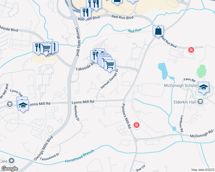 map of restaurants, bars, coffee shops, grocery stores, and more near 3 Durum Court in Owings Mills