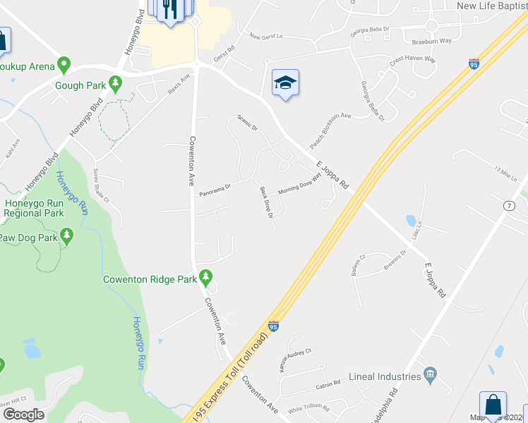 map of restaurants, bars, coffee shops, grocery stores, and more near 9122 Back Drop Drive in Perry Hall