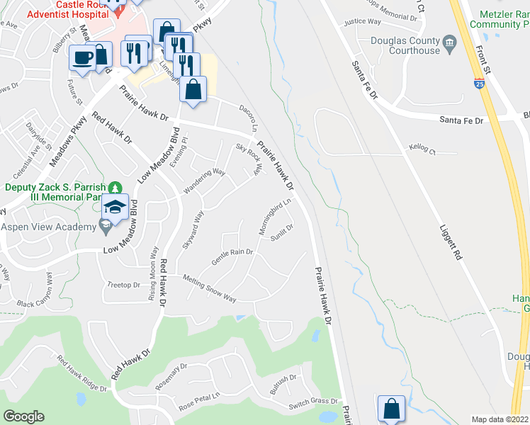 map of restaurants, bars, coffee shops, grocery stores, and more near 3095 Morningbird Lane in Castle Rock