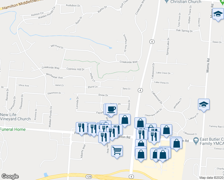 map of restaurants, bars, coffee shops, grocery stores, and more near 3207 Elora Lane in Hamilton