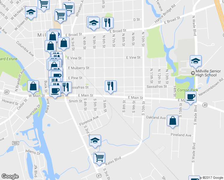 map of restaurants, bars, coffee shops, grocery stores, and more near 14 North 7th Street in Millville