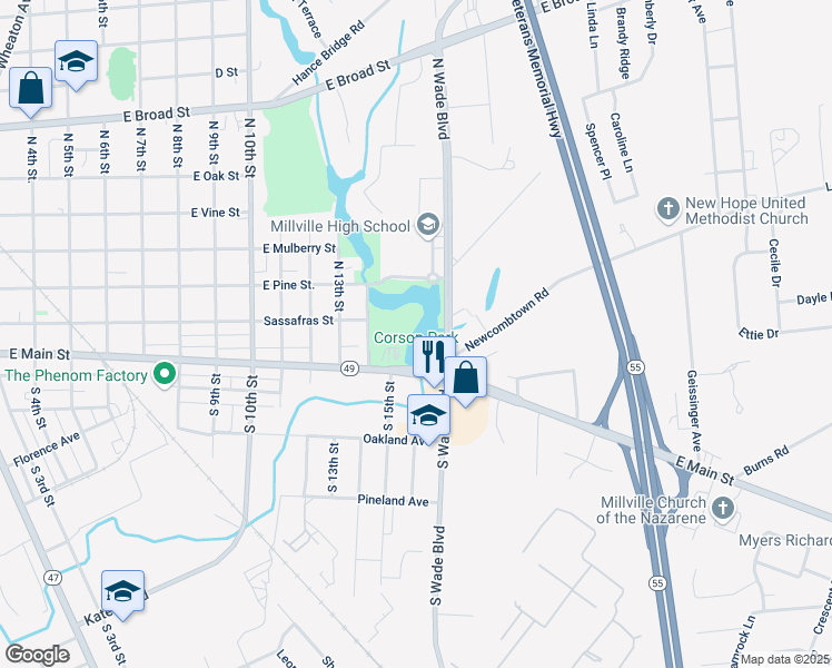 map of restaurants, bars, coffee shops, grocery stores, and more near in Millville