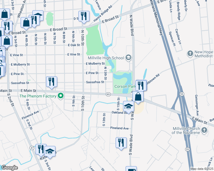 map of restaurants, bars, coffee shops, grocery stores, and more near 13 North 13th Street in Millville