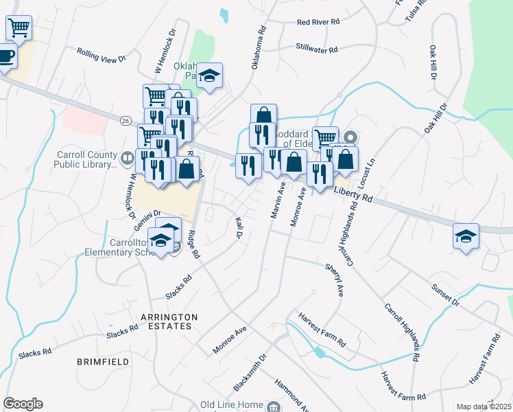 map of restaurants, bars, coffee shops, grocery stores, and more near 1918 Lennox Drive in Eldersburg