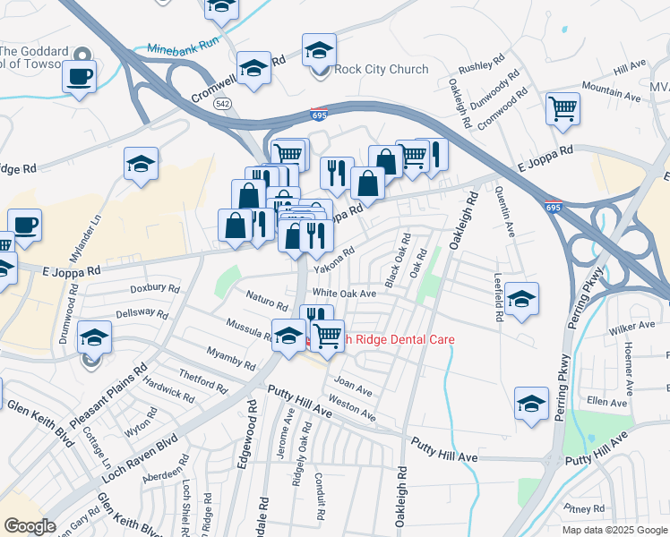 map of restaurants, bars, coffee shops, grocery stores, and more near 8623 Chestnut Oak Road in Parkville