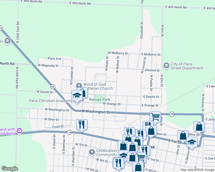 map of restaurants, bars, coffee shops, grocery stores, and more near 412 North State Street in Pana