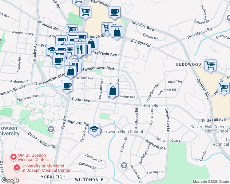 map of restaurants, bars, coffee shops, grocery stores, and more near 120 Linden Terrace in Towson