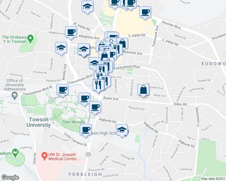 map of restaurants, bars, coffee shops, grocery stores, and more near 19 Gardenside Place in Towson
