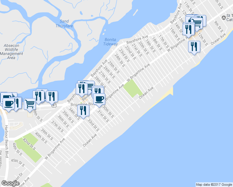 map of restaurants, bars, coffee shops, grocery stores, and more near 2700 West Brigantine Avenue in Brigantine