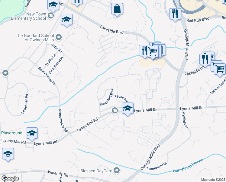 map of restaurants, bars, coffee shops, grocery stores, and more near 4709 Kings Mill Way in Owings Mills