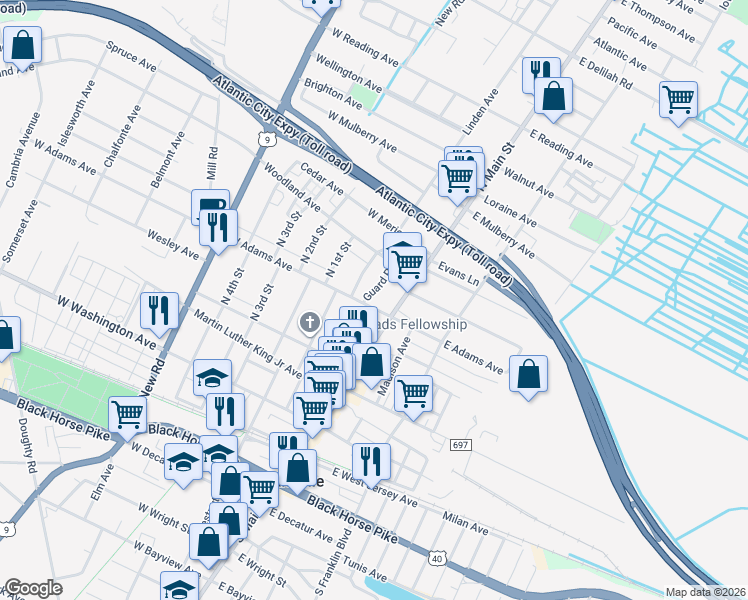 map of restaurants, bars, coffee shops, grocery stores, and more near 14-16 West Adams Avenue in Pleasantville