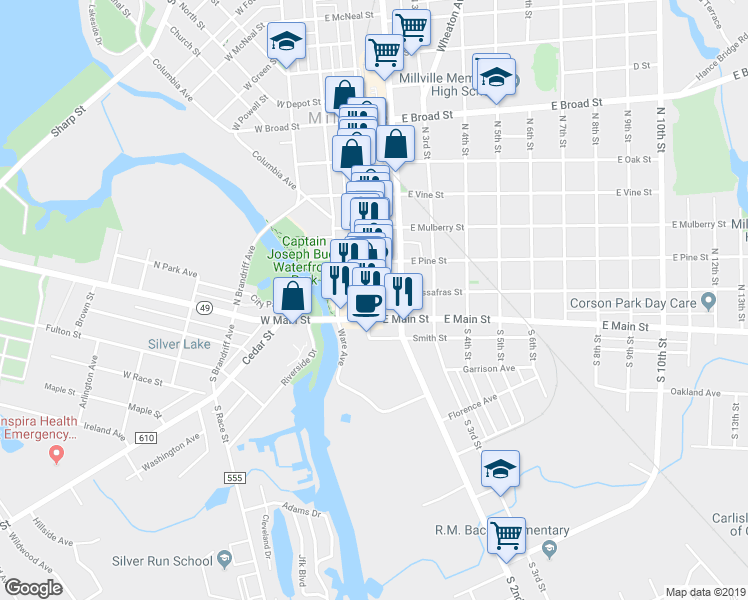 map of restaurants, bars, coffee shops, grocery stores, and more near 24 North 2nd Street in Millville