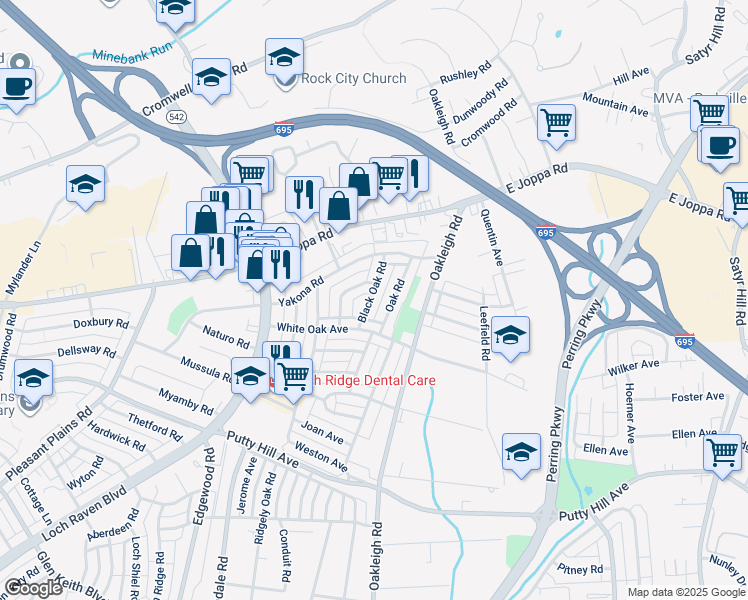 map of restaurants, bars, coffee shops, grocery stores, and more near 8625 Black Oak Road in Parkville