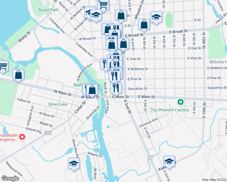 map of restaurants, bars, coffee shops, grocery stores, and more near 28 North High Street in Millville