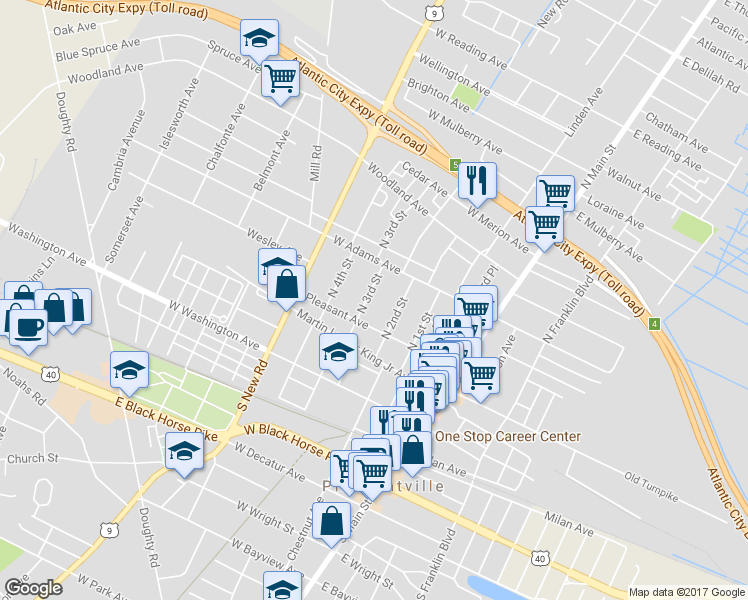 map of restaurants, bars, coffee shops, grocery stores, and more near 114 North 3rd Street in Pleasantville