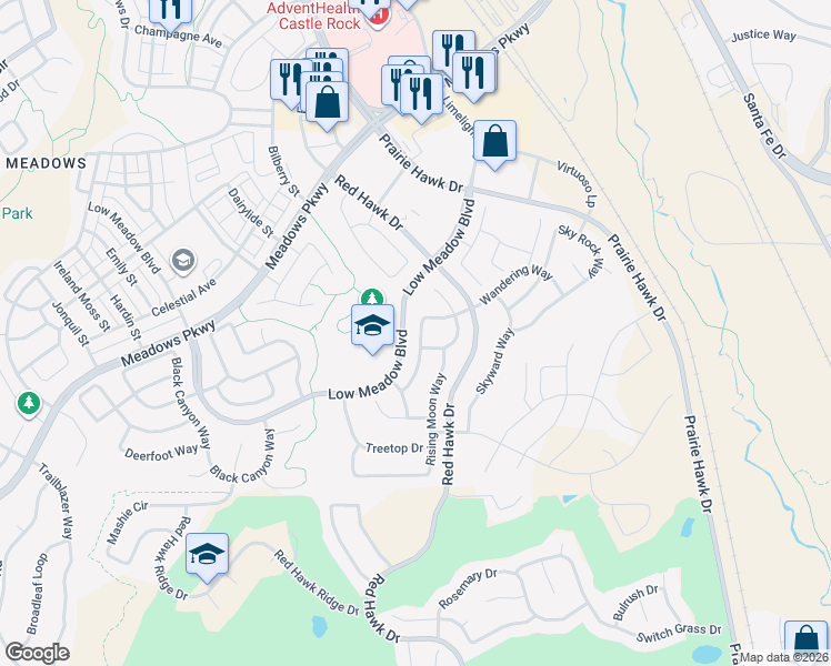 map of restaurants, bars, coffee shops, grocery stores, and more near 3191 Riverwood Way in Castle Rock