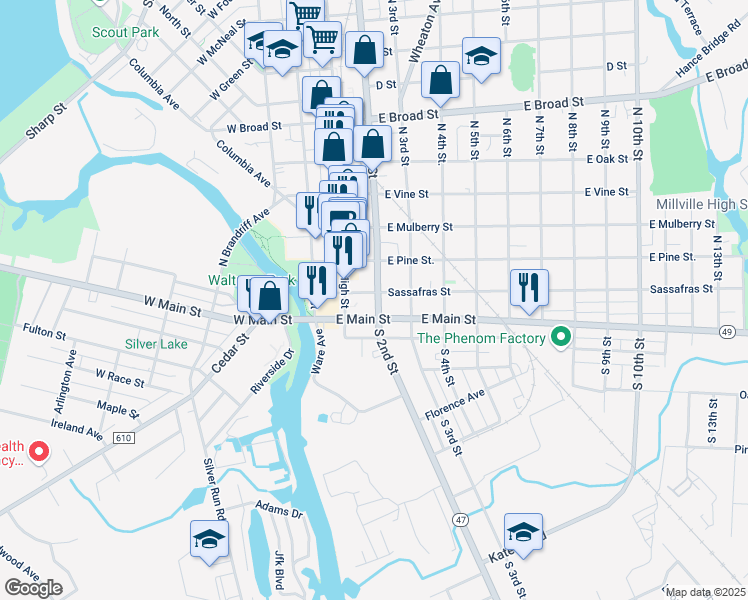 map of restaurants, bars, coffee shops, grocery stores, and more near 24 North 2nd Street in Millville